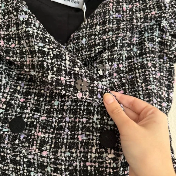 Self-Portrait Off the Shoulder Boucle Midi Dress Black Purple Size 6 NWT - Picture 4 of 11